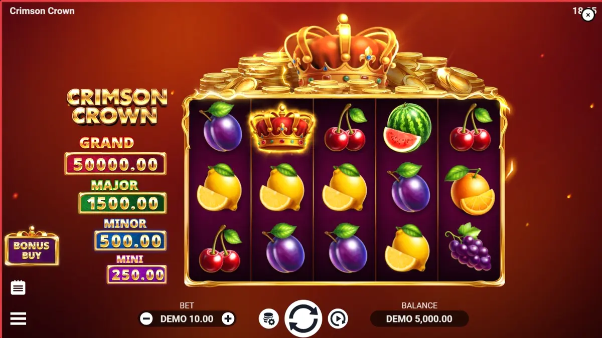 Tampilan visual slot Crimson Crown dengan simbol buah dan mahkota emas