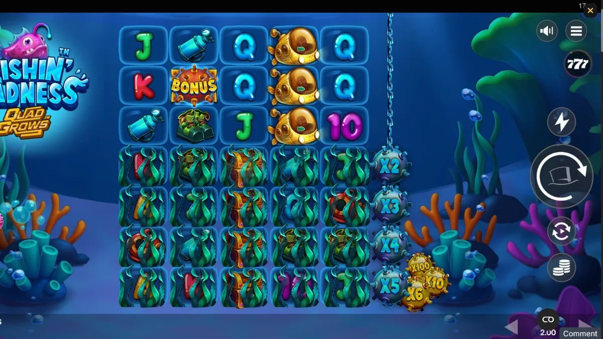 Tampilan visual slot Fishin’ Madness Quadgrows dengan tema bawah laut dan ranjau laut