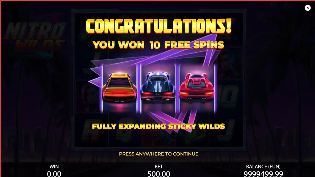 Tampilan layar slot Nitro Wilds dengan nuansa neon dan tema balap retro.